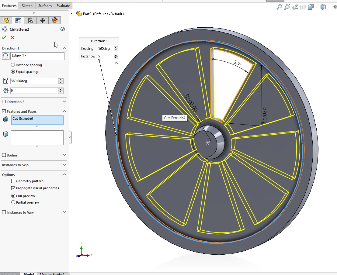 ></picture></p> <p>
You should see that in property manager that the axis space
is highlighted. Select the circular edge (highlighted in blue), this selects the axis in
which the feature is going to be patterned. You can now make your pattern
TWO different ways. If “equal spacing” is checked simply specify the number of
patterns you want. Or you can uncheck “equal spacing” and specify the number of
patterns as well as the angle between them. Click “Equal Spacing” and make 9
copies. Click OK to exit property manage. You should also be able to see a
preview of the pattern that will be created, if not, just select ‘Full preview’
or ‘partial preview’ under the Options tab.
&nbsp;
</p> <p>The resultant solid part with circular pattern created would
be as shown in below image.
</p> <p><img src=
