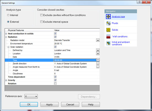 GENERAL SETTINGS, ANALYSIS, TIME